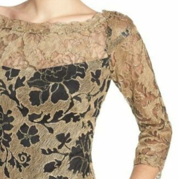 TADASHI SHOJI GOLD BLACK Embroidered Lace Evening Gown Dress! Size 2! - Picture 3 of 5